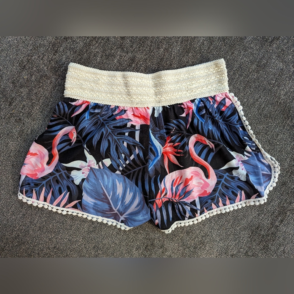 Udear Blue & Pink Flamingo Crochet-Trim Shorts Size S NWOT